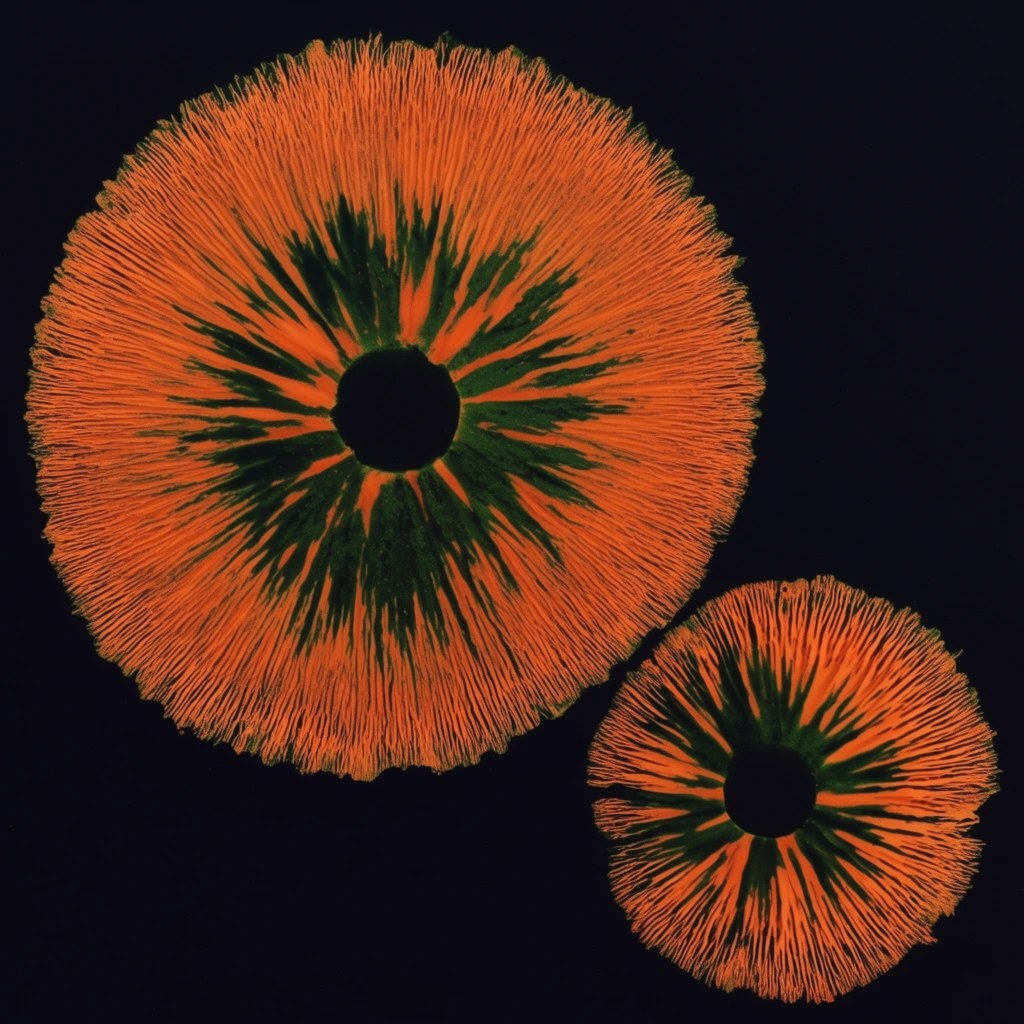 Two vibrant orange and deep green circular spore prints radiate against a solid black background. A massive organic circle dominates the upper left, accompanied by a smaller counterpart in the lower right. Solid dark voids anchor their centers, erupting into dense, fine lines of fiery orange interlaced with jagged, starburst streaks of dark green. The filamentous textures mimic delicate mushroom gills extending outward to slightly irregular, feathery edges. The high-contrast macro composition highlights the striking organic abstraction, rich coloration, and intricate radial symmetry of the natural forms.