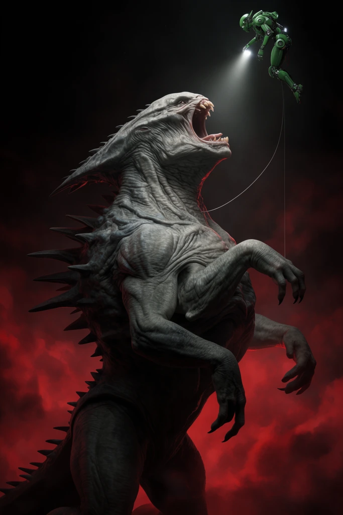 Massive grey alien beast with wrinkled skin and dorsal spikes rearing up, open jaw, small hovering green mechanical figure tethered by thin wire, figure emitting downward spotlight, dark background with swirling red clouds, low angle, dramatic lighting, cinematic sci-fi art