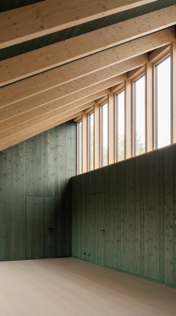 interior architecture, exposed light wood diagonal roof trusses, deep green stained vertical wood paneled walls, sloped ceiling, tall clerestory windows, soft natural daylight, smooth light wooden floor, minimalist flush doors, clean geometric lines, Scandinavian design, architectural photography
