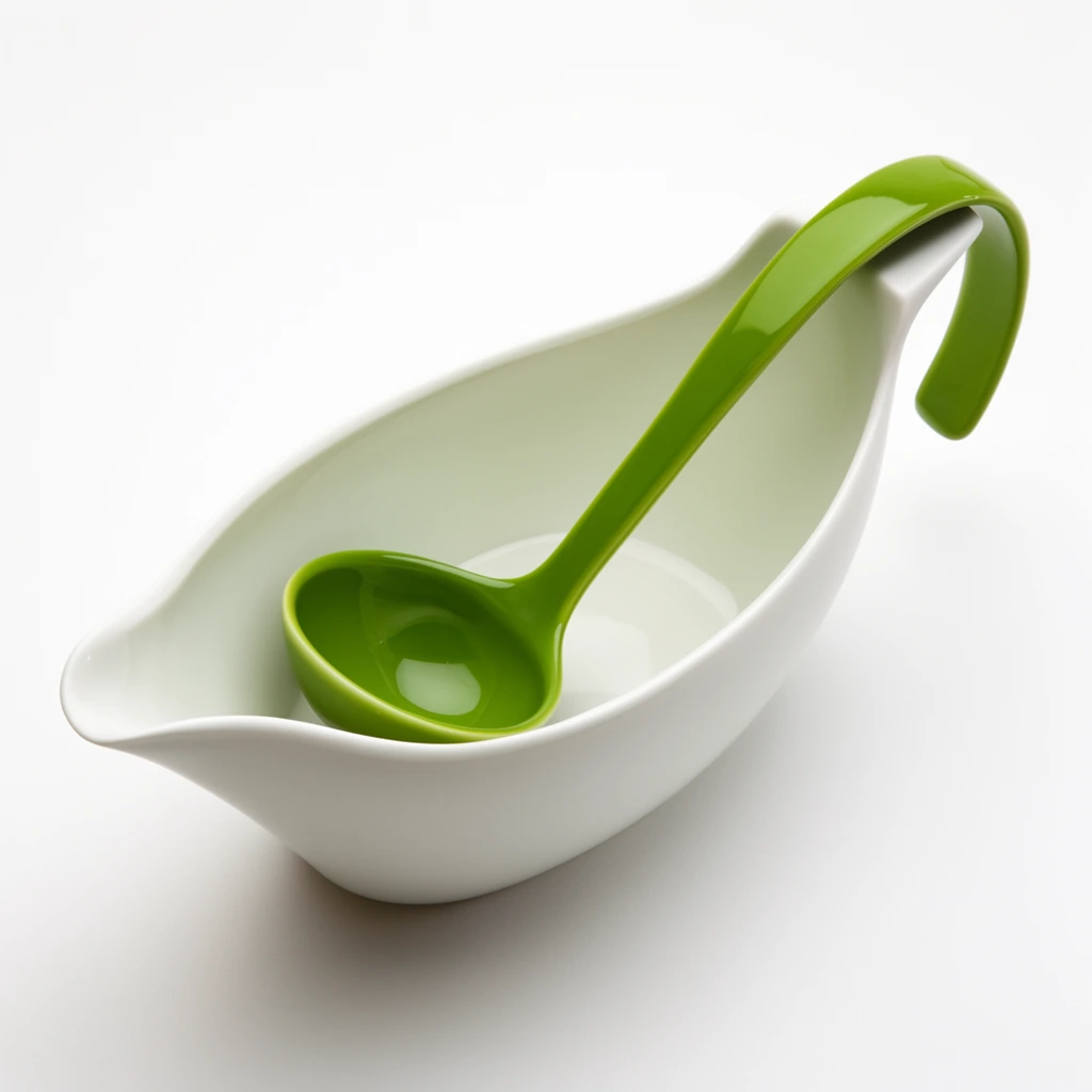 A minimalist white ceramic sauce boat with sweeping organic curves and a pronounced spout holds a glossy lime-green ladle. The ladle's handle hooks over the vessel's low lip. Isolated against a seamless white background with soft shadows in high-key studio lighting from a high-angle perspective.