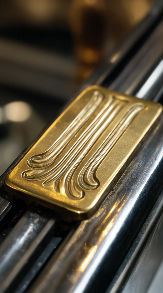 engraved brass rectangular plate with parallel grooved flourishes, sitting in a dark metallic track, macro photography, shallow depth of field, warm specular highlights