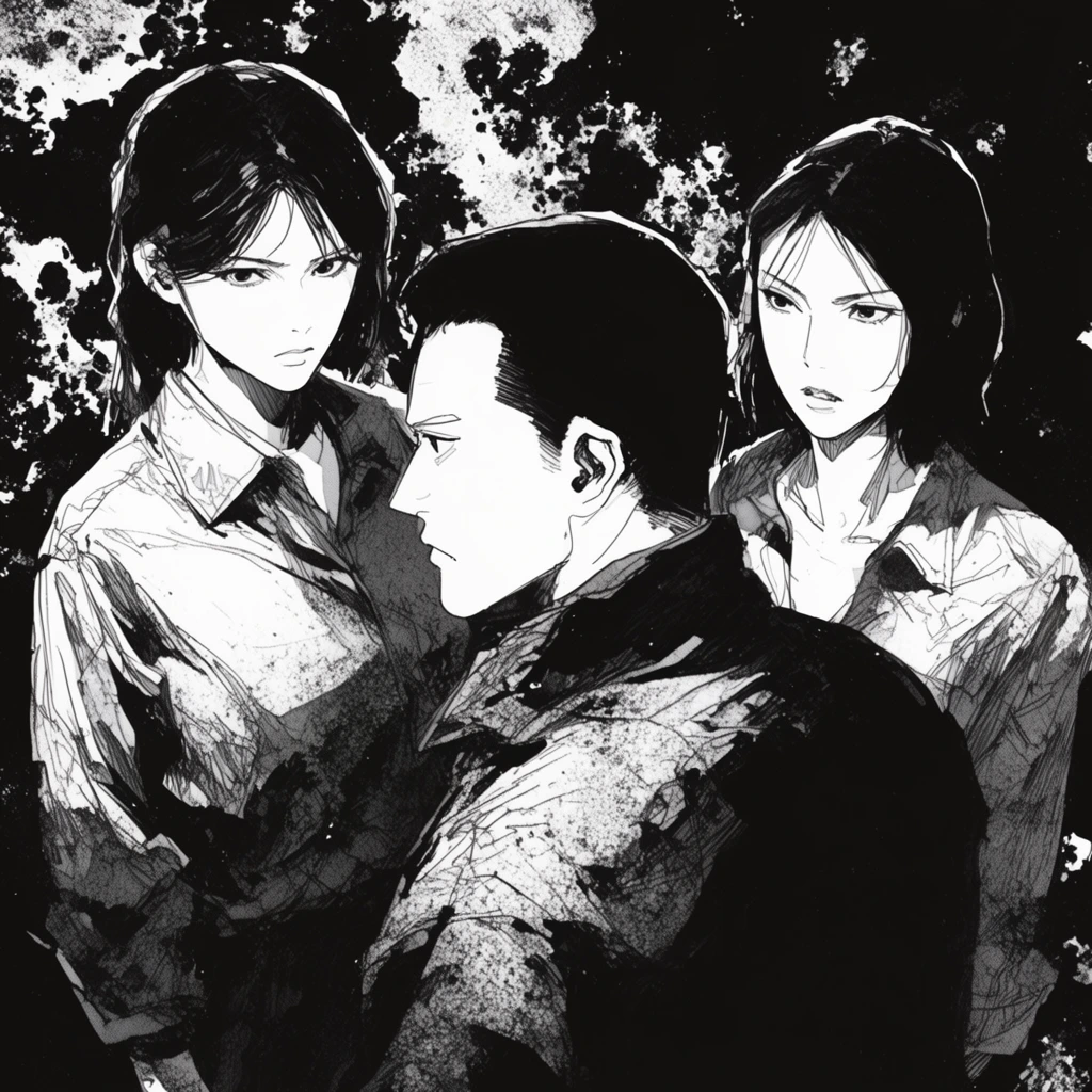 Two women stand facing a man in the immediate foreground, rendered in a stark, high-contrast black-and-white manga illustration style. The man anchors the foreground with his sharp profile turned toward the two women, who feature sharply defined facial contours and intense expressions. The figures are delineated by crisp, precise pen-and-ink contour lines, juxtaposed against massive pools of solid black ink that form deep, heavy shadows. Stark white negative space acts as bright, aggressive highlights across their skin and heavily creased clothing. The shading transitions feature chaotic, gritty cross-hatching, erratic ink scratches, and dense textural stippling to render fabric folds and structural forms. The surrounding background is consumed by heavy black ink, fractured by jagged, heavily distressed white organic patches and rough, scattered ink stippling, creating a deeply textured, dramatic, and gritty seinen comic aesthetic.