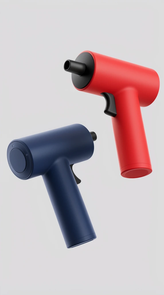 Two minimalist, T-shaped power tools float diagonally against a solid light gray backdrop. The lower-left tool features a matte navy blue finish, angled downward to reveal a flush circular control dial on its back. The upper-right tool has a matte bright red finish, angled upward showing a black front nozzle and a curved trigger on the handle. Both exhibit clean, cylindrical geometric forms. Soft studio lighting creates gentle gradients across the smooth plastic surfaces, emphasizing the contemporary industrial design.