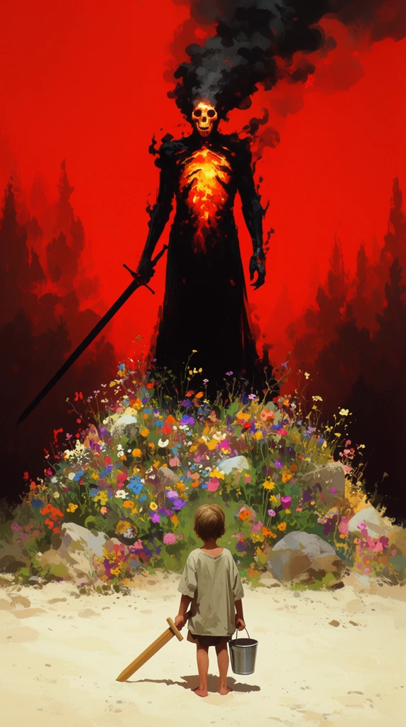 towering charred-black entity with a glowing skull visage and molten core, thick smoke billowing from its crown, grasping a long dark sword, standing atop a vivid mound of wildflowers and stones, looming over a small child seen from behind holding a wooden practice sword and metal bucket, pale sandy foreground, intense crimson background with jagged smoky forest silhouettes, bold painterly digital illustration, stark color contrast between the fiery red sky, the pitch-black figure, and lush floral pedestal