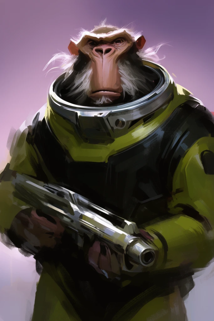 ape-like humanoid alien, bulky olive green and black spacesuit, holding metallic blaster rifle, wispy white facial hair, wide flat nose, metallic suit collar, painterly digital concept art, loose brushstrokes, dramatic lighting, soft purple gradient background