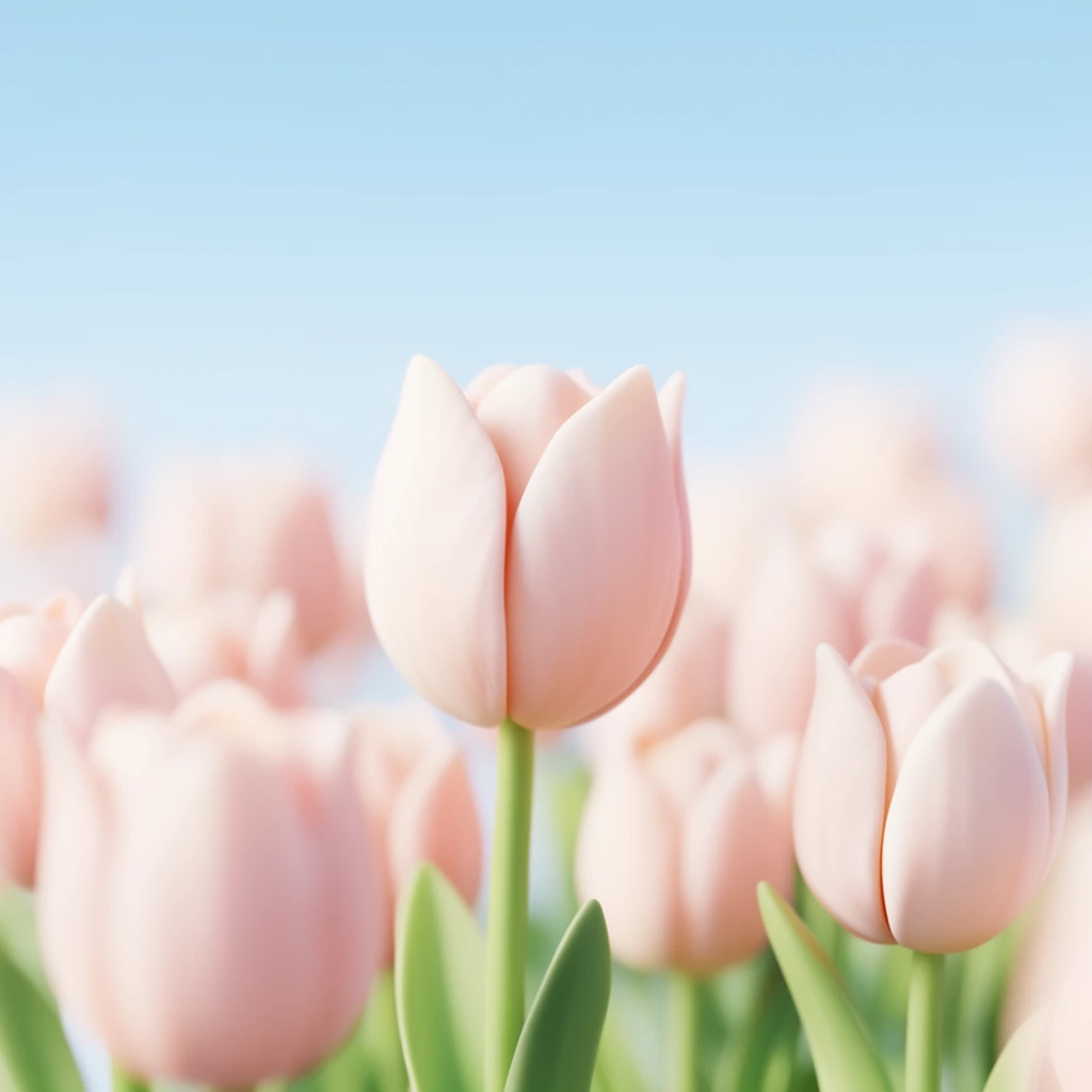 pale pink tulips against light blue sky, central flower in sharp focus, blurred surrounding flowers, green stems, shallow depth of field, smooth digital 3D style, soft pastel palette