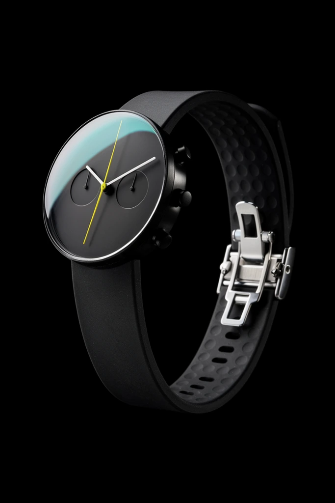 minimalist black chronograph wristwatch floating in a pitch-black void, sleek circular dark dial with small internal subdials, thin bright yellow sweeping hand, contrasting white hour and minute hands, highly reflective domed glass crystal catching a soft cyan light glare, curved matte black synthetic rubber strap, inner strap surface featuring a repeating pattern of shallow circular indentations, polished silver metal deployment clasp, dramatic high-contrast studio product photography, sharp focus, sleek industrial design