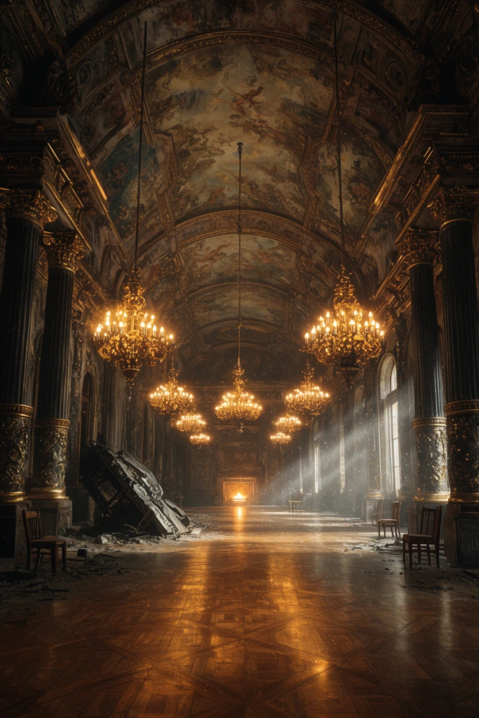 A vast, decaying palace hall illuminated by rows of glowing, ornate gold chandeliers beneath a frescoed vaulted ceiling. Massive dark columns with intricate gold detailing flank the long corridor. A polished parquet wood floor reflects the warm amber light. Volumetric light rays stream from right-side windows, illuminating floating dust and a large piece of wreckage resting near the columns. Sparse wooden chairs sit against the walls, leading the eye toward a distant, glowing fireplace. Symmetrical perspective and cinematic lighting emphasize the opulent yet ruined atmosphere.