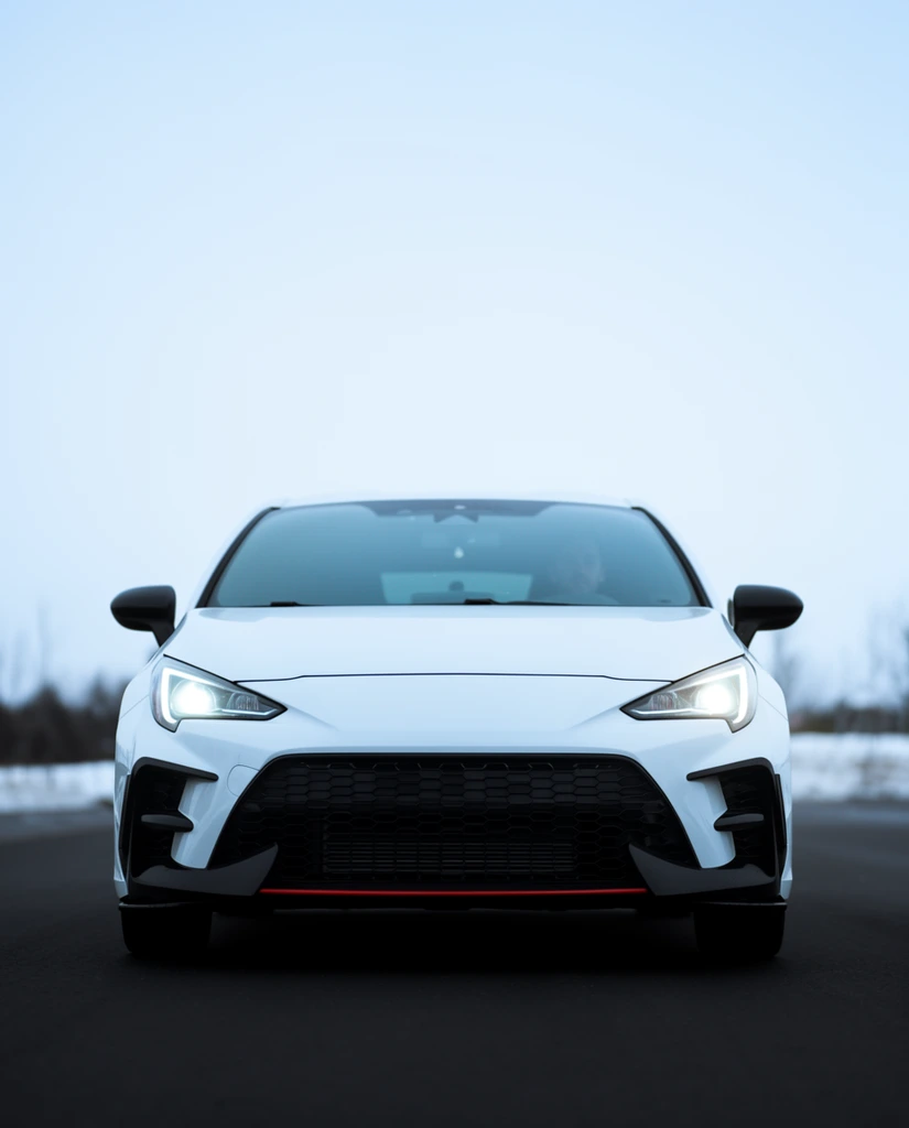 A modern white sports hatchback is centered on smooth dark asphalt under a vast, pale overcast sky that dominates the upper two-thirds of the frame. Captured from a low, head-on perspective, the vehicle features sleek, angular headlights with a sharp glare, a broad black honeycomb front grille, and contrasting black side mirrors. A thin red accent stripe runs along the lower edge of the dark front bumper. The tinted windshield subtly reflects the cool ambient light, revealing a faint silhouette of a driver inside. A shallow depth of field blurs the distant snow-dusted roadside and bare trees, isolating the sharply focused car. The symmetrical automotive portrait emphasizes a cold, minimalist aesthetic with stark contrasts between the bright chassis and the dark road.
