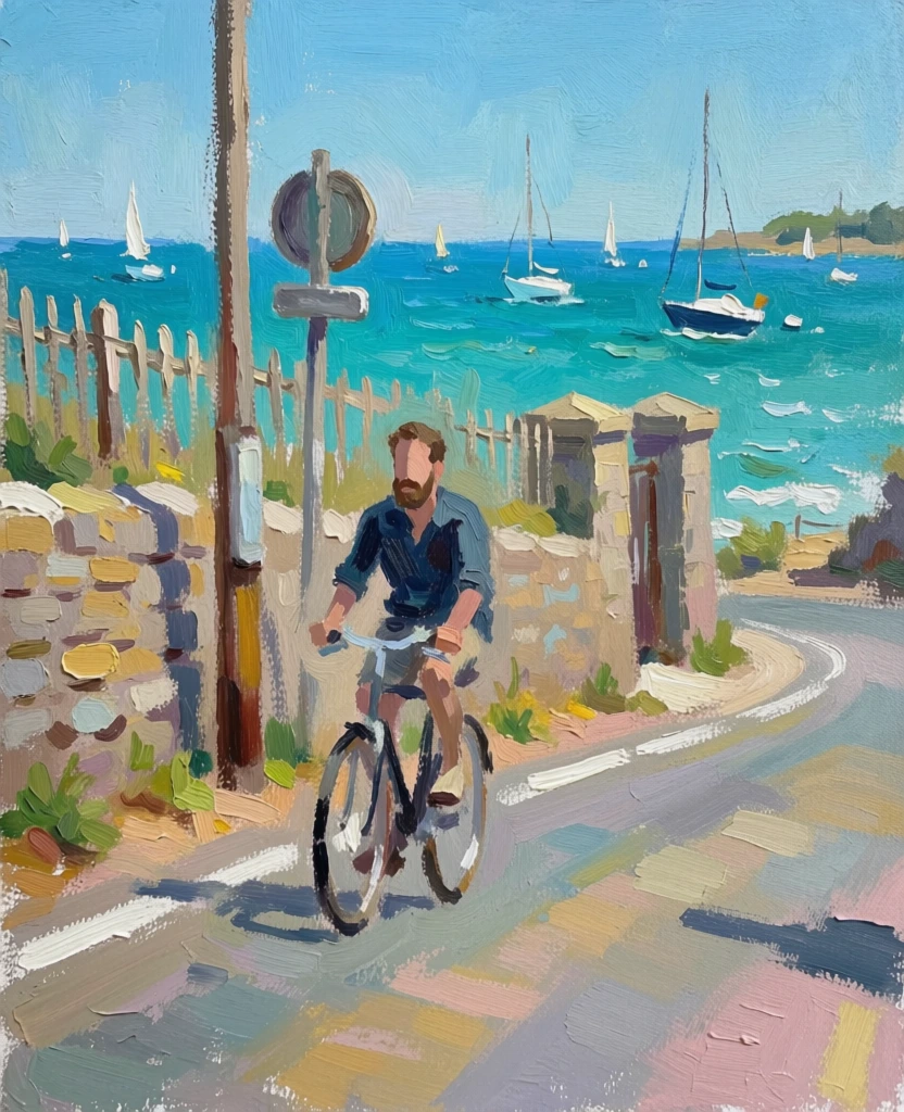 man riding bicycle by the sea, oil painting, bright whimsical coastal vibe