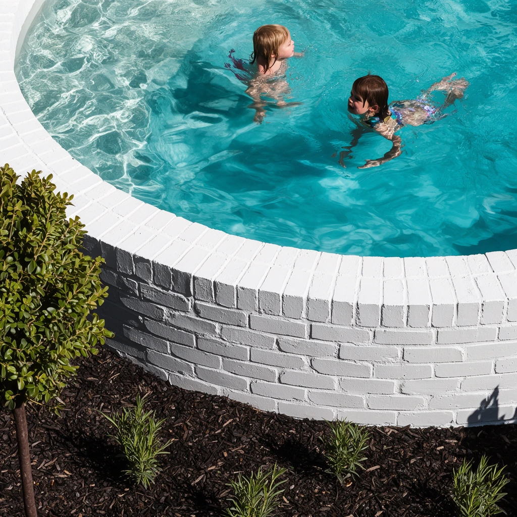 two children swimming in a turquoise pool, curved white painted brick retaining wall, dark mulch garden bed below, small plants, green shrub, sharp cast shadows, high-angle perspective, bright sunlight