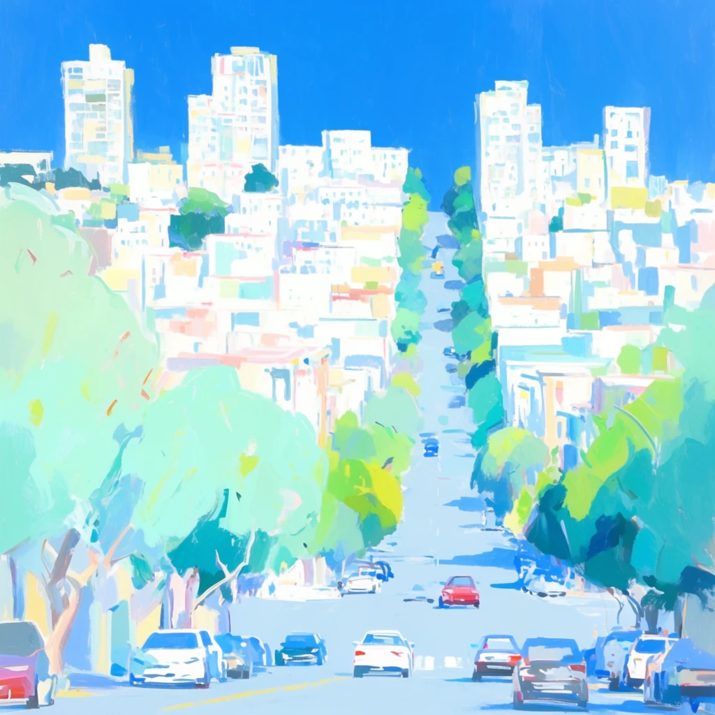 A vibrant impressionistic painting of a steep, sunlit city street descending a hill. Scattered cars drive down a pale blue road flanked by lush trees in mint, lime, and teal. Luminous white and pastel buildings cluster tightly against a saturated azure sky. The artwork uses loose, energetic brushstrokes and high-key lighting to create a brilliantly bright summer atmosphere with flat color blocks.
