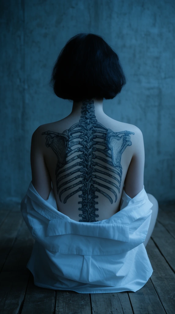 centered back view portrait of a person with pale skin and dark short hair, large intricate black ink spine and ribcage tattoo covering the bare back, white collared shirt draped off shoulders, sitting on wooden floorboards, textured grey concrete wall, cool blue color palette, moody cinematic lighting, fine art photography