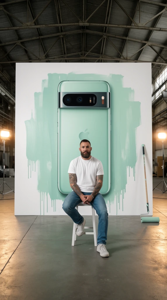 A bearded, tattooed man in a white t-shirt and blue jeans sits centrally on a white stool within an industrial warehouse. Behind him, a massive freestanding white wall displays a towering rendering of a sleek mint-green smartphone with a dark horizontal camera bar, surrounded by wide, dripping strokes of mint-green paint. The expansive space features smooth concrete floors, exposed steel ceiling trusses, and warm professional lighting stands on the periphery. A long-handled paint roller rests on the floor beside the symmetrically framed, crisp advertising-style setup.