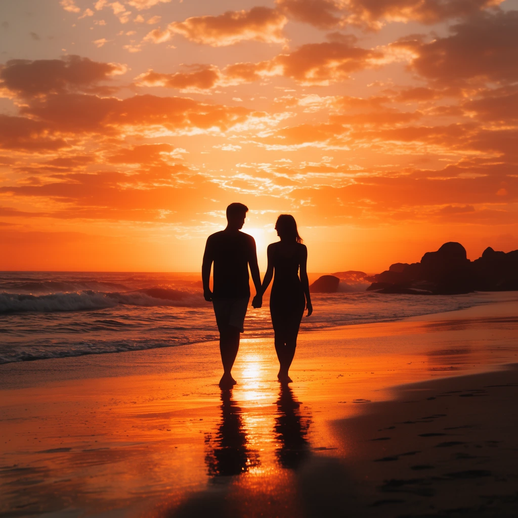silhouetted couple walking hand-in-hand on a beach, vibrant orange golden hour sunset, glowing sky reflecting on wet sand, scattered clouds, gentle ocean waves, distant rocks, wide landscape framing