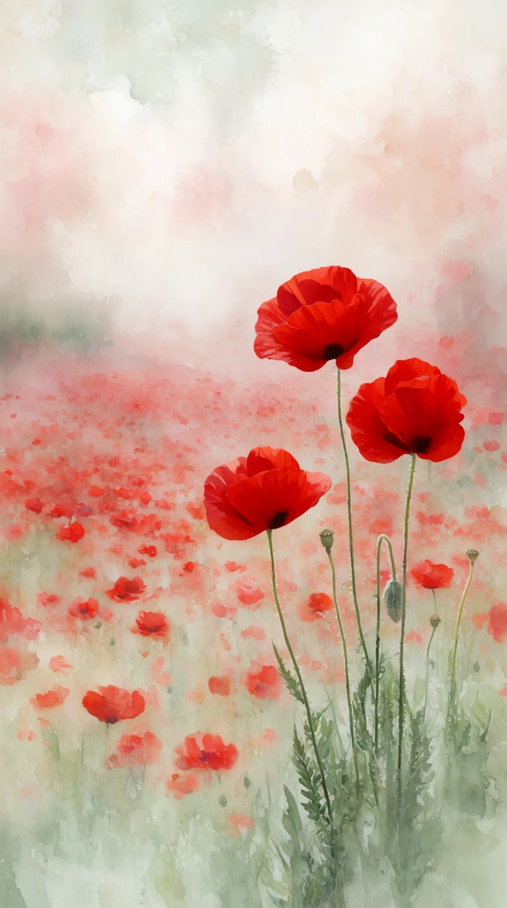 Three vibrant crimson poppies stand in the right foreground atop slender, textured green stems. They emerge from a vast, dreamlike field of scattered red blossoms fading into a hazy, impressionistic distance. The composition features a soft, painterly aesthetic resembling a textured watercolor wash, highlighted by ethereal lighting, pale sage greens, creamy whites, and dusty pinks that contrast the vivid red petals.