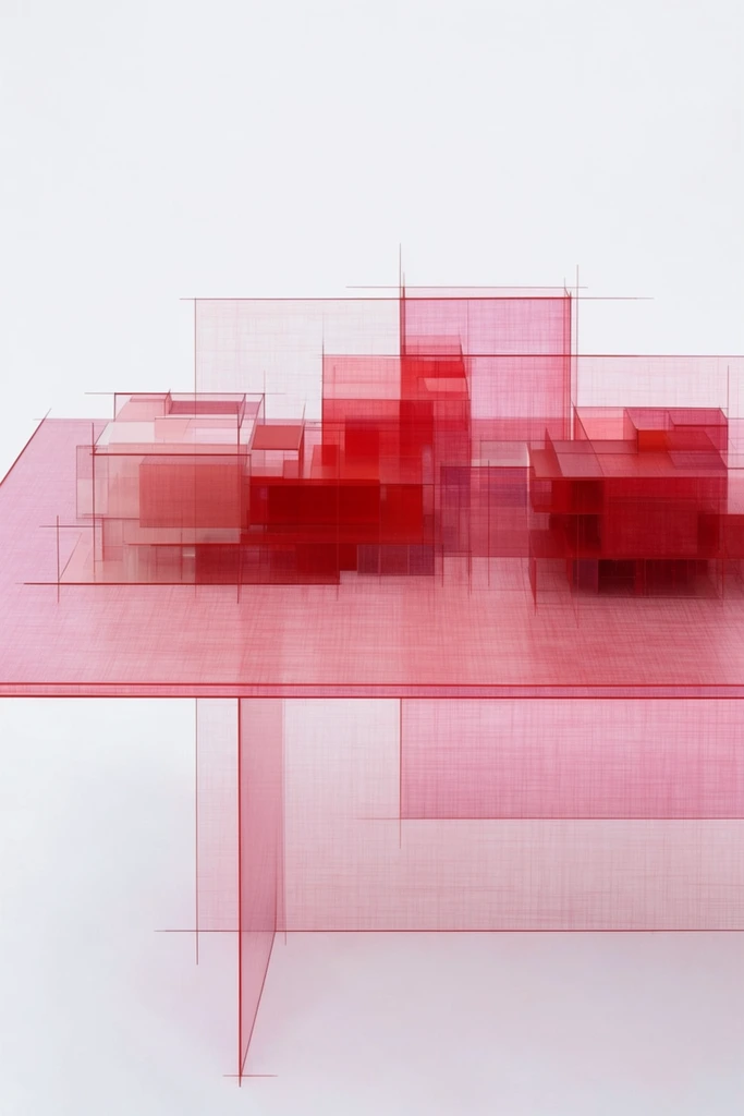 Architectural models arranged on a table, rendered as an abstract composition of intersecting, translucent crimson and pink geometric planes against a stark white background. The table surface is a broad, sheer horizontal plane of soft pink featuring a fine, grid-like, woven cross-hatched texture. Atop this surface sit multiple architectural models constructed from overlapping, semi-transparent blocks of varying reds, ranging from pale blush to deep crimson. The edges of the models and the table are defined by razor-thin, precise red wireframe lines that extend past the forms into the surrounding space. The environment is a vast, pure white void, isolating the geometric structures. The aesthetic is a highly structured architectural drafting style illuminated by uniform, flat, graphic lighting, relying entirely on the varying opacities and densities of the textured red layers to establish depth. The composition uses strict orthogonal framing, with sheer vertical and horizontal bands of cross-hatched color intersecting and bleeding through one another.
