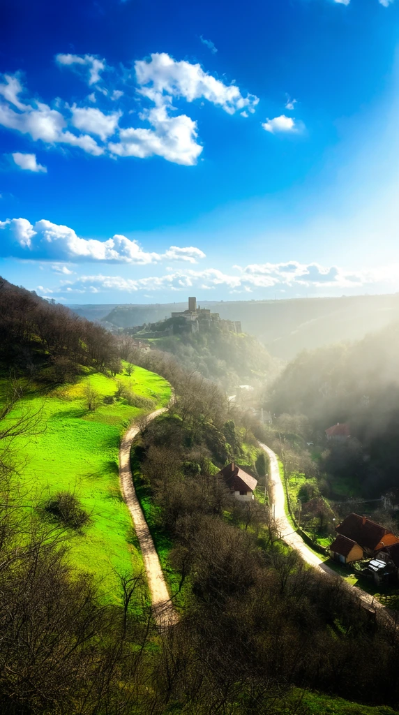 A sprawling valley landscape features a winding dirt road leading toward a distant hilltop fortress under a vibrant blue sky. To the left, a hillside is blanketed in intensely bright green grass and bare, dark brown trees. In the gorge below, a pale path curves past traditional houses with reddish-brown roofs nestled among dense thickets. Across the hazy valley, an ancient stone citadel with a tall central tower rises from a steep promontory. The upper frame is dominated by a saturated azure sky dotted with crisp white cumulus clouds. Strong sunlight floods from the right, casting a dramatic, glowing mist over the lower valley and creating deep contrast between the luminous pastures and shadowed ravines, captured from a high, commanding vantage point.