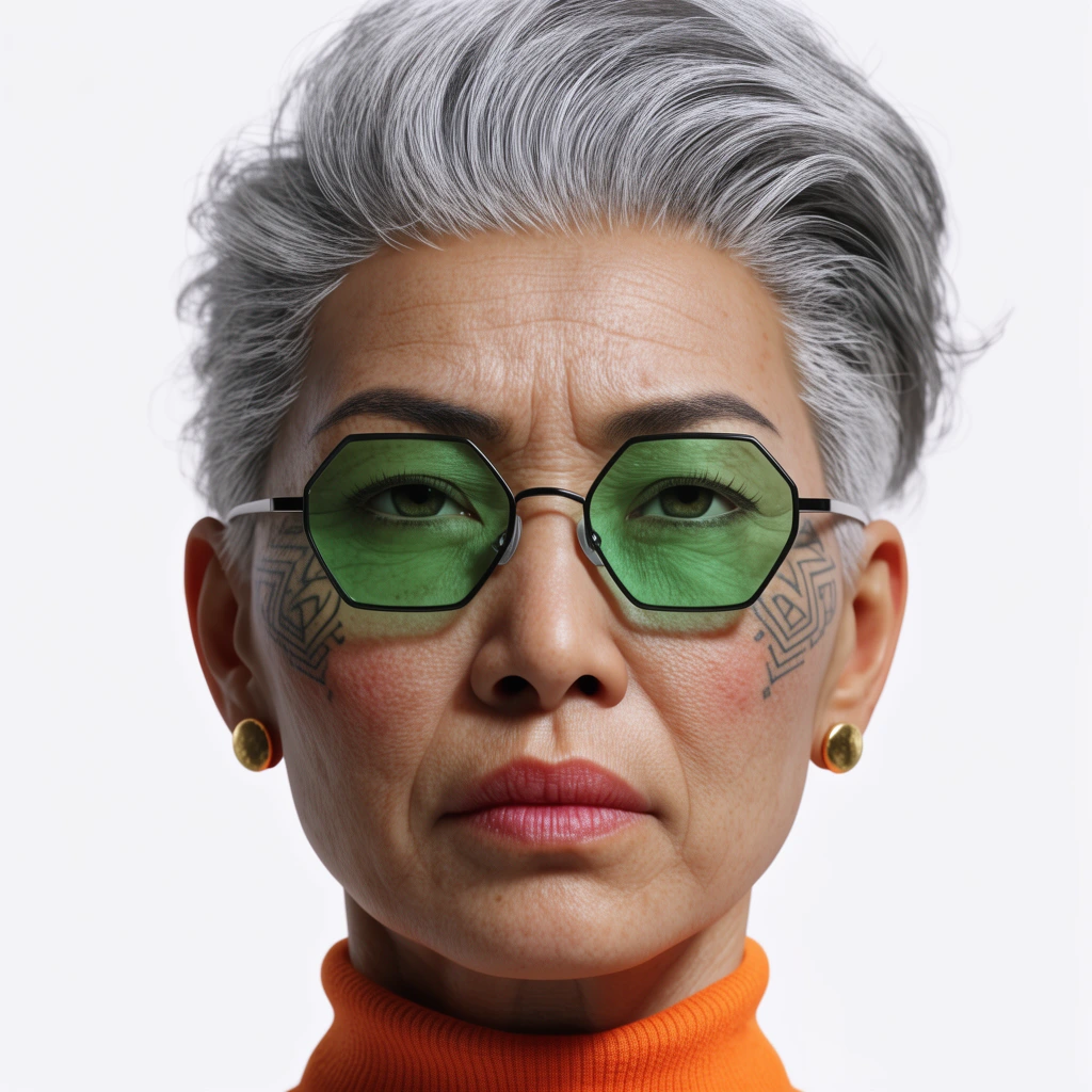 A hyper-detailed close-up studio portrait of a mature Asian woman with swept-back silver hair and a stoic expression. She wears hexagonal green-tinted glasses, gold stud earrings, and an orange turtleneck. Subtle geometric tattoos adorn her cheekbones. Bright, even lighting against a stark white background highlights ultra-realistic skin textures and vivid color contrasts.
