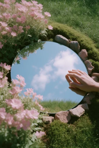 Ethereal Pastoral Surrealism style reference image — reflective mirror portal