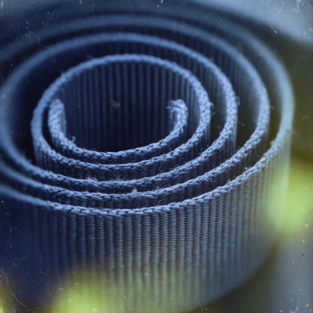 A macro photograph of a tightly coiled woven strap forming a concentric spiral. The thick material features prominent vertical ribbing and slightly frayed edges. The composition has a distressed, analog film aesthetic with a cool blue and slate grey color palette. Vintage imperfections overlay the scene, including scattered dust, fine surface scratches, and soft yellow-green light leaks blooming at the lower and right edges. A shallow depth of field blurs the innermost and outermost loops, focusing sharply on the woven texture of the central coils within a moody, heavily vignetted frame.