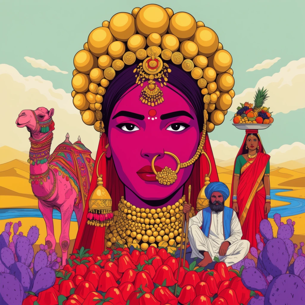 A vibrant pop-art vector illustration centers on a monumental magenta-skinned woman wearing an elaborate headdress of oversized gold spheres and a heavy gold nose ring. Surrounding her are a decorated pink camel, a woman in a red sari balancing a fruit basket on her head, and a seated man in a blue turban holding a staff. The foreground overflows with bright red bell-shaped fruits and purple cacti. Rolling yellow sand dunes, pale clouds, and a winding blue river complete the background. The artwork features crisp black outlines, flat shading, and a surreal, highly saturated color palette.