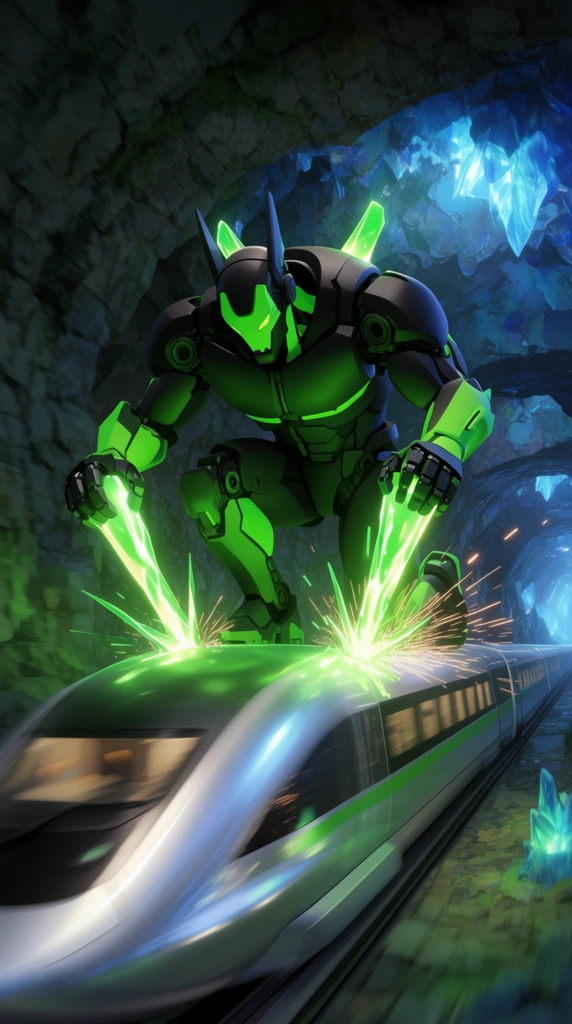 massive matte black and neon green robotic figure kneeling atop a speeding silver maglev train, plunging glowing green energy spikes into the roof, intense friction sparks, subterranean cavern setting, glowing blue crystal formations illuminating dark stone tunnels, high-speed motion blur, stylized 3D animation, cinematic cyberpunk aesthetic