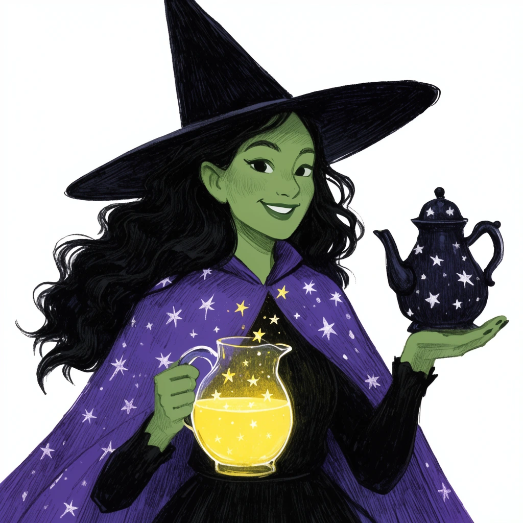 smiling green-skinned witch with wavy black hair, wearing a pointed black hat and star-patterned purple cape, holding a glass pitcher of glowing yellow liquid emitting tiny stars, dark star-patterned teapot, cross-hatched digital illustration, solid white background