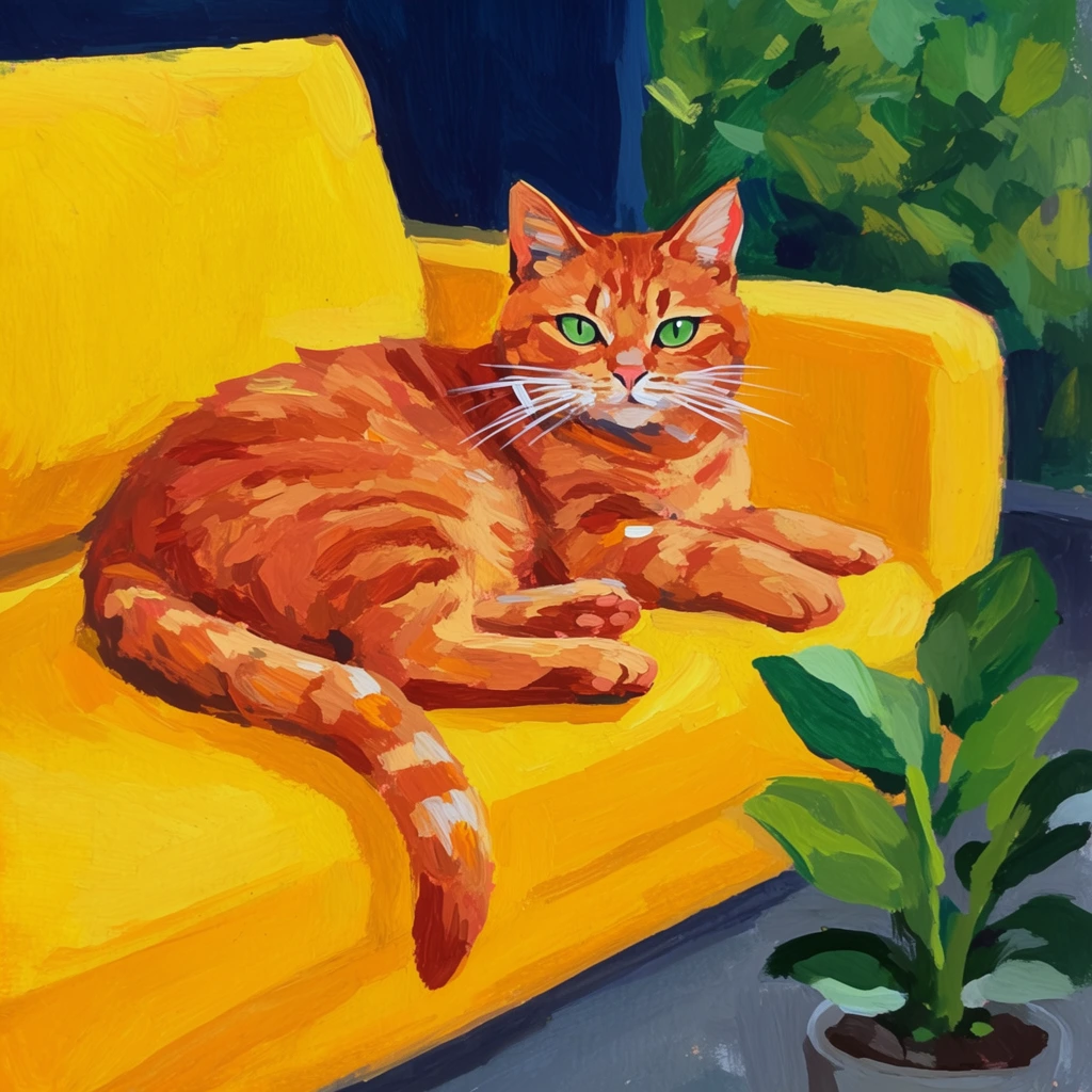 A vibrant, impasto-style painting features an orange tabby cat resting on a bright yellow sofa. The cat lies curled with paws extended, gazing forward with piercing green eyes and prominent white whiskers. Its fur is rendered with energetic, thick brushstrokes of terracotta and amber highlighting striped patterns along its tail. The feline rests on a saturated yellow couch defined by bold, unblended color blocking. A potted green plant with thick leaves sits on a slate-gray floor in the bottom right foreground, while a dark navy blue wall and lush green foliage fill the background. The artwork utilizes a highly textural technique resembling gouache or acrylic, emphasizing strong complementary hues and visible, expressive brushwork.