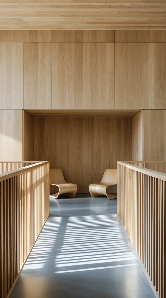 A minimalist architectural interior featuring warm light oak paneling and slatted wooden railings leading to an alcove with curved wooden chairs. Crisp sunlight casts striking striped shadows across the smooth grey floor, emphasizing the clean geometric composition.