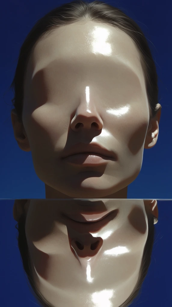 A surreal portrait of a woman presenting a solid, continuous expanse of skin extending across her upper face. Her lower facial structure displays a precisely defined nose, prominent cheekbones, and closed lips, while her orbital region consists entirely of smooth flesh. The bottom half of the composition presents a flawless, symmetrical mirror reflection of her face, establishing a precise vertical doubling of the subject. The artwork is executed in a highly detailed, photorealistic digital painting style driven by harsh, intense directional sunlight. This strong lighting generates blinding, pure white highlights and deep, razor-sharp shadows across her facial contours. A deep, saturated cobalt blue background creates an extreme color contrast against the muted, pale earthy tones of her skin. The rendering utilizes the precision of high-end cinematic digital painting, exhibiting hyper-realistic micro-textures, profound volumetric depth, crisp tonal extremes, and pristine edge clarity.