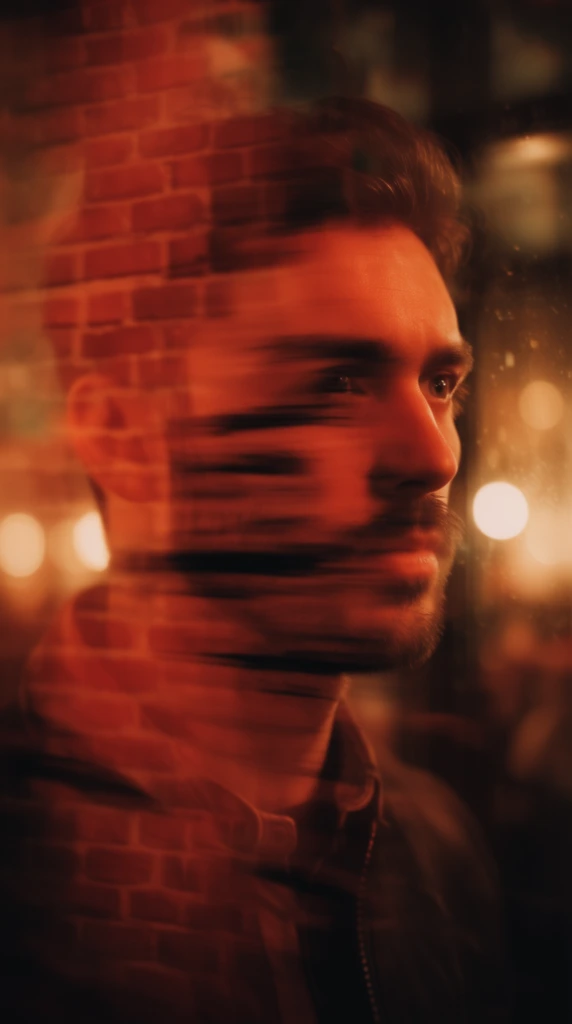 cinematic portrait of a man looking right, heavy horizontal motion blur, double exposure through reflective glass, face obscured by dark streaks, warm reddish-orange lighting, red brick texture overlay, soft glowing bokeh lights in dark background, rich amber palette