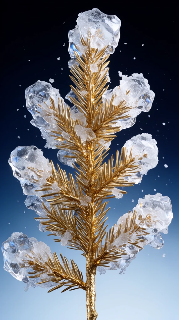 A metallic gold evergreen branch heavily encased in thick, irregular formations of translucent frosted ice, set against a smooth gradient background transitioning from deep midnight blue to pale blue. The branch features rigid golden needles and a textured golden stem, creating a striking contrast with the clear, crystalline ice chunks frozen around its joints and tips. Tiny white ice flakes float suspended in the dark void surrounding the branch. Crisp studio lighting enhances the luxurious gleam of the metallic gold and illuminates the refractive, fractured depths of the surrounding ice formations.