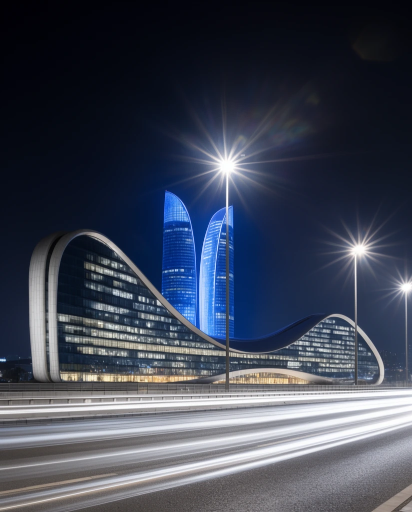 A sweeping wave-shaped modern building with glowing blue central towers against a dark night sky. Long-exposure photography captures bright white traffic light trails across the foreground highway. Tall streetlights cast sharp starburst lens flares.