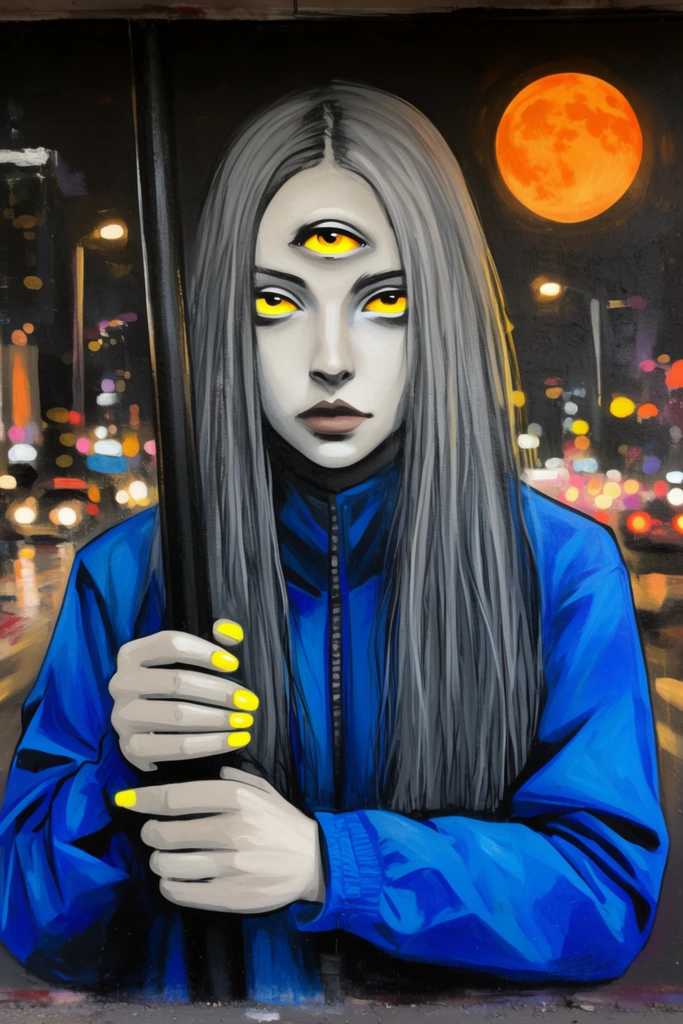 mural of a three-eyed pale woman in a vibrant blue jacket holding a black pole, long grey hair, glowing yellow irises and fingernails, night cityscape background with blurred streetlights, large orange full moon, street art painting