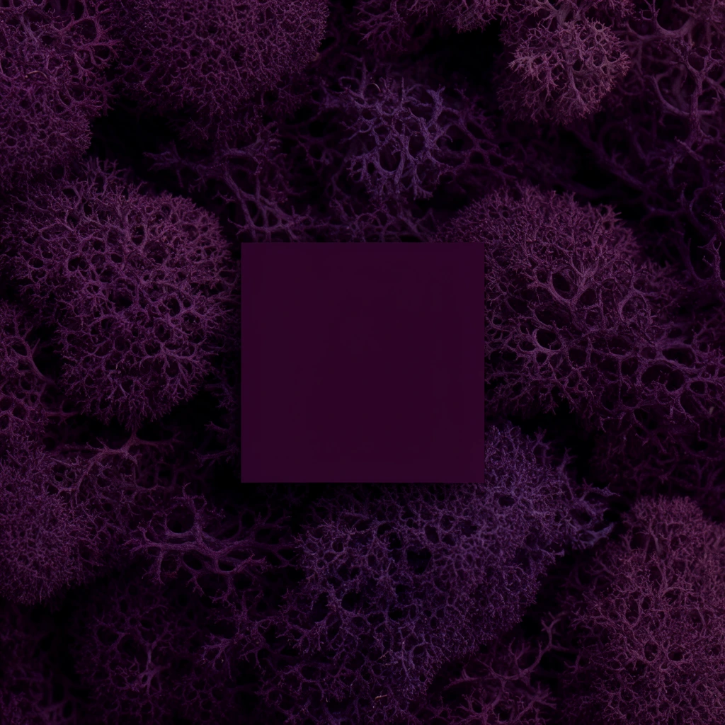 central solid dark plum square floating over dense deep purple reindeer moss background, intricate organic branching textures, macro photography, deep violet shadows in porous crevices, contrast between smooth flat geometry and highly tactile organic matter, monochromatic dark magenta palette, rich moody lighting
