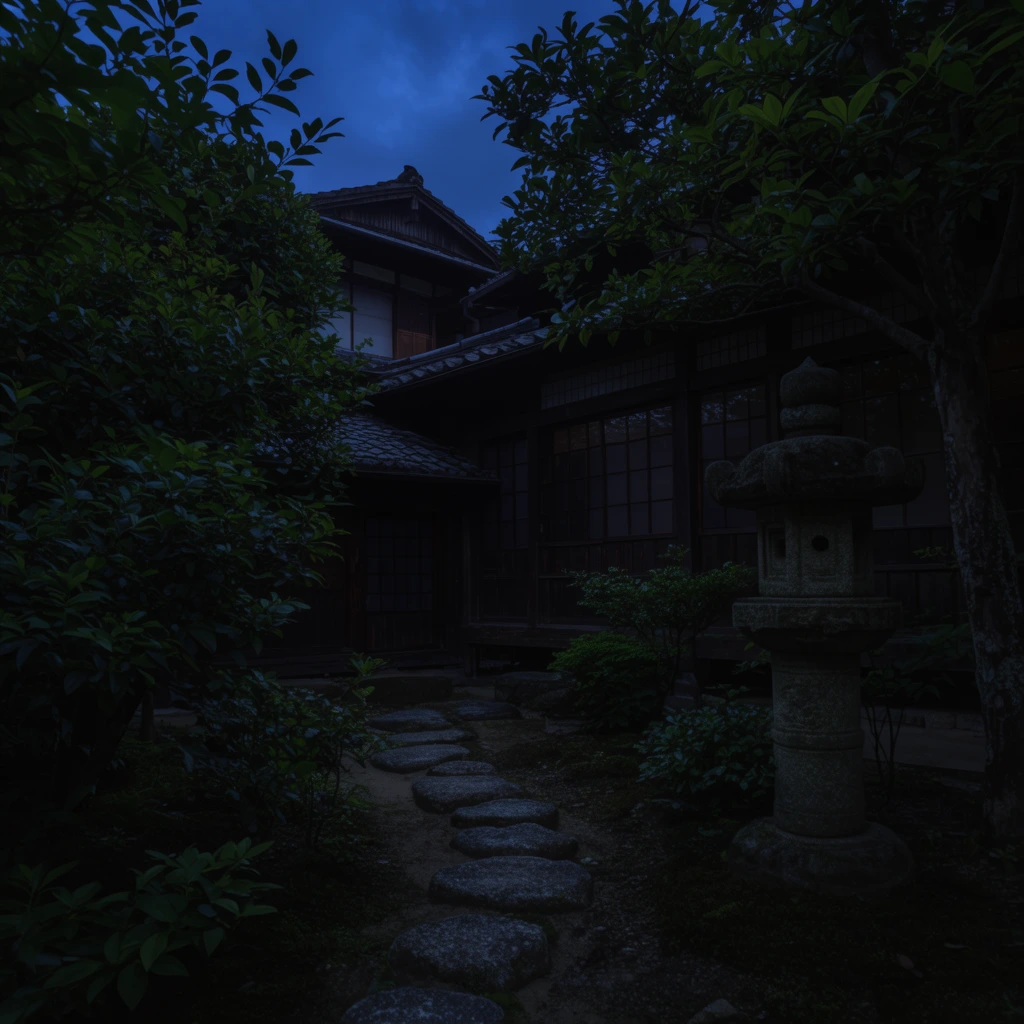 winding stepping stone path, traditional wooden courtyard house, lush green foliage, classic stone lantern, deep blue twilight sky, heavy shadows, moody low-light photography