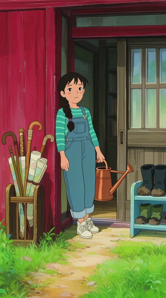 teenage girl with a long dark braid, denim overalls, striped teal shirt, leaning against a red wooden doorframe holding a copper watering can, thoughtful expression, rustic home entrance, wooden stand with walking sticks and rolled maps, light blue shoe rack with muddy boots, open sliding door, sunlit dirt path, lush green grass, 2D hand-drawn animation style, soft pastel colors, natural daylight