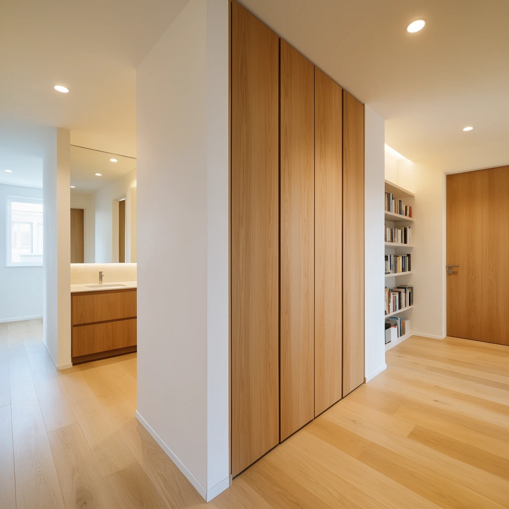 modern minimalist interior hallway with a split layout, light oak wood flooring throughout, central floor-to-ceiling vertical wood paneled closet doors, stark white walls, left passage revealing a vanity area with wooden cabinet and large mirror, distant bright alcove with a window, right passage leading past a built-in bookshelf to a solid wooden door, recessed ceiling lights, warm ambient lighting, bright architectural photography, wide-angle perspective, clean geometric lines, pristine uncluttered aesthetic
