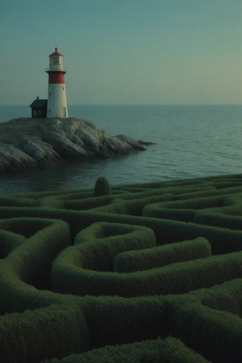 Surrealist Topiary Labyrinths style reference image — mysterious solitary figure