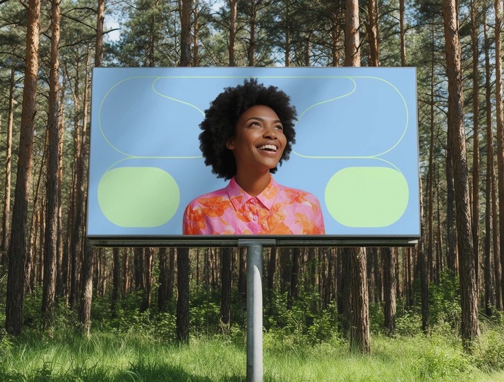 large outdoor billboard in a sunlit pine forest, light blue canvas displaying light green pill-shaped graphics connected by thin curves, portrait of a joyful young Black woman looking upward in a pink and orange floral shirt, grey metal support pole, tall textured pine trees, vibrant grassy foreground, dappled natural sunlight, photorealistic advertising mockup, eye-level perspective, sharp focus
