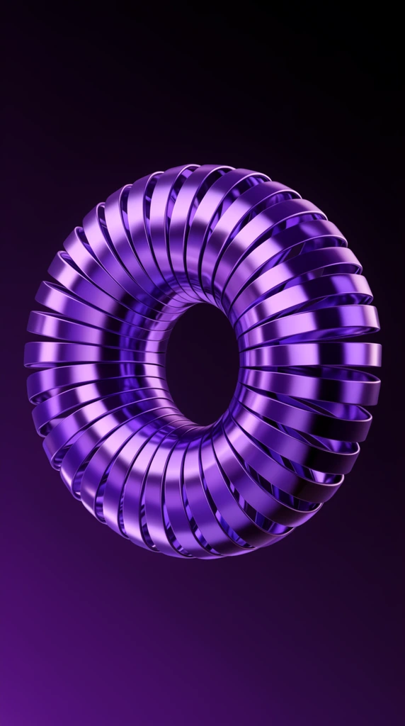 3D glossy purple ribbon torus, segmented coiled bands forming a hollow ring, vivid violet metallic reflections, deep dark gradient background, smooth digital render
