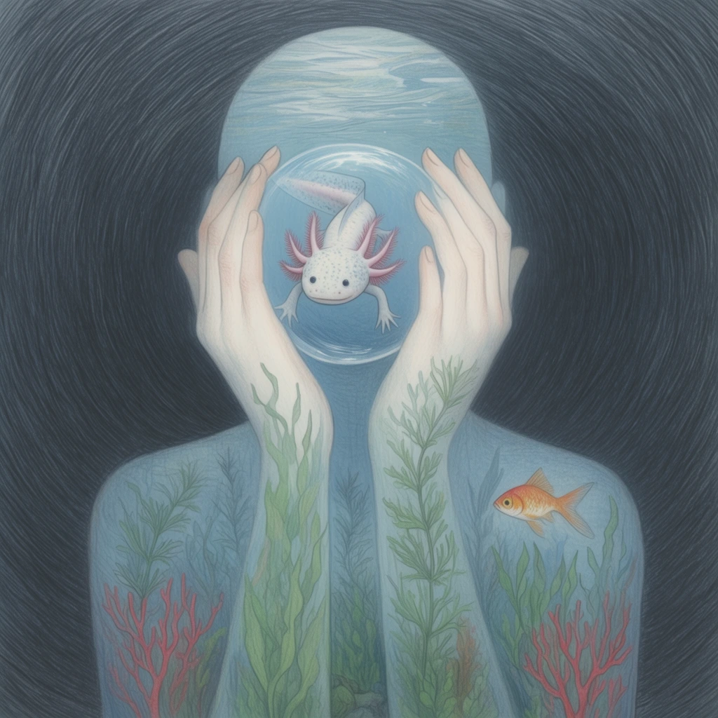 surreal illustration of a figure's silhouette containing an underwater ecosystem, pale cupped human hands held over the face framing a circular water bubble, a pale swimming axolotl inside the bubble, figure's translucent blue body filled with green aquatic plants, red coral, a small swimming goldfish, dark moody background with swirling concentric scratchy lines radiating outward, fine colored pencil texture, ethereal surrealism, muted cool color palette