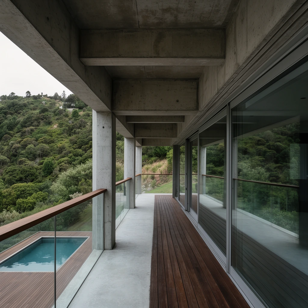 modern brutalist balcony overlooking a lush hillside, exposed raw concrete pillars and ceiling beams, dark wooden plank flooring alongside smooth concrete, expansive sliding glass doors reflecting foliage, glass balustrade with wooden handrail, lower wooden deck with a rectangular swimming pool, steep green hill covered in trees, soft diffused daylight, wide-angle architectural photography, deep linear perspective