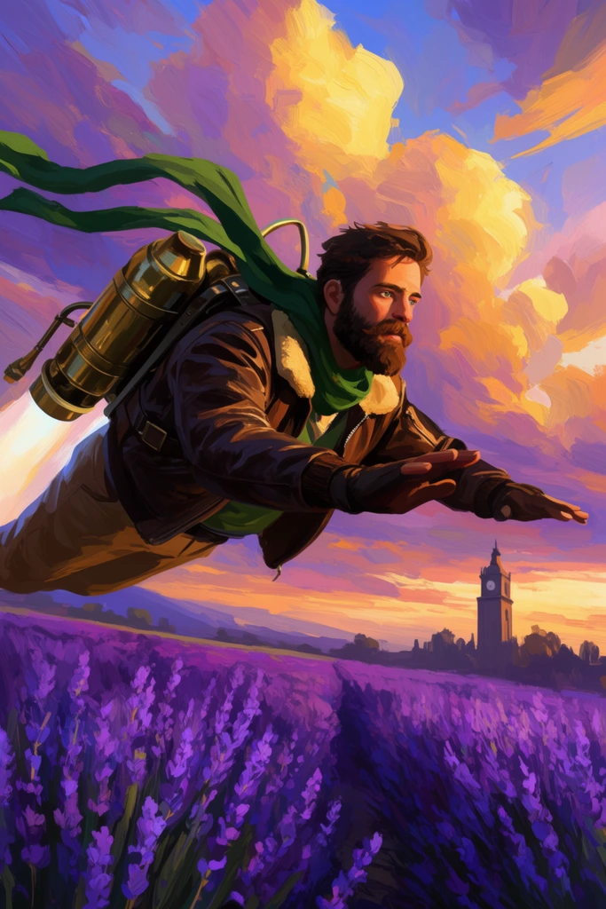 burly bearded man in a leather bomber jacket and trailing green scarf, flying horizontally using a brass jetpack, arm outstretched, gliding low over a lavender field, silhouette of a distant clocktower, spectacular sunset sky, bold impasto brushstrokes, vibrant violet and golden clouds, stylized digital painting, thick painterly textures, warm cinematic lighting