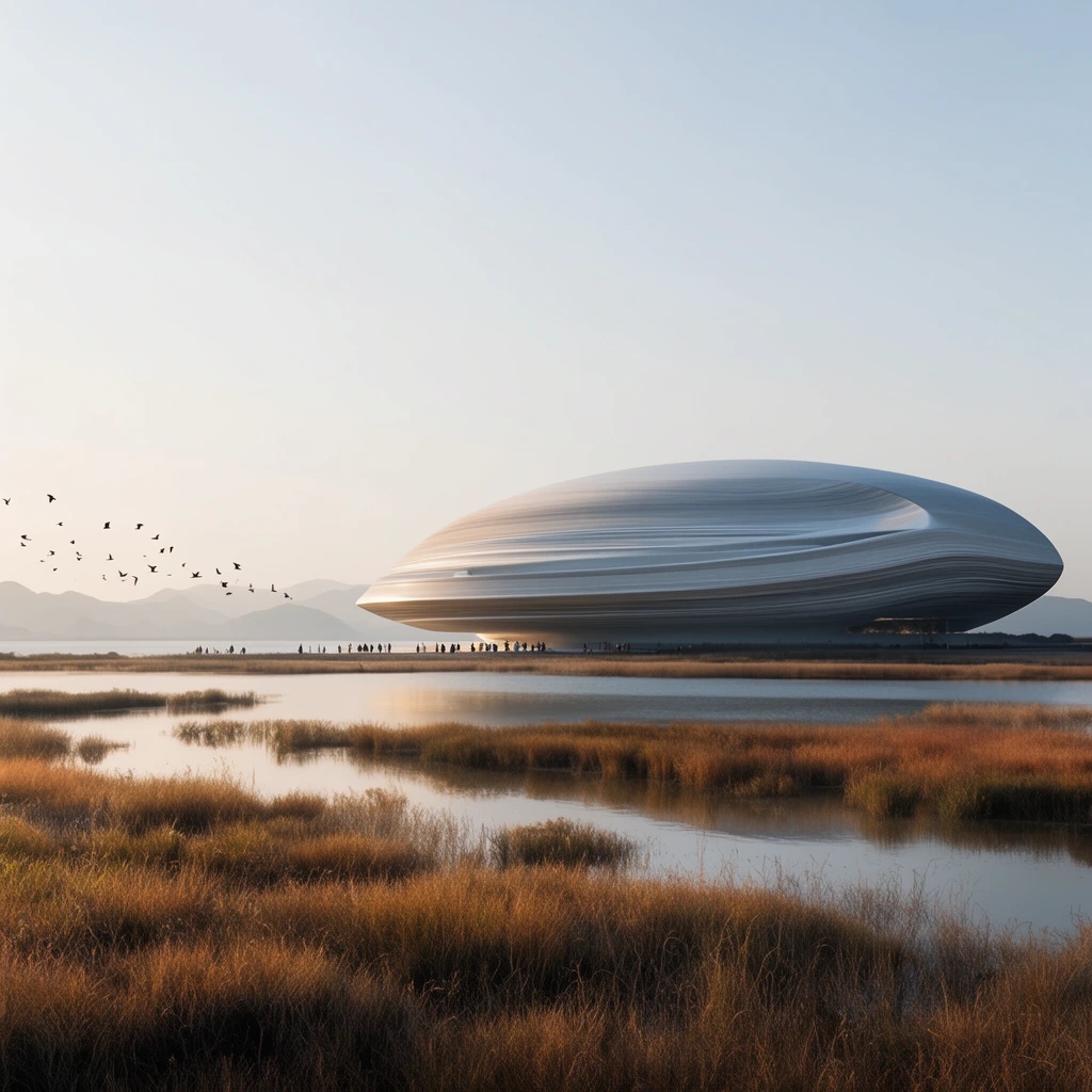 A futuristic, sleek oval building with flowing horizontal striations sits beside a serene wetland. The massive structure contrasts with a foreground of golden-brown marsh grasses and a calm, reflective river. Tiny silhouetted figures gather at the base. A flock of birds flies over distant hazy mountains under a pale sky. Photorealistic architectural style with soft morning lighting.