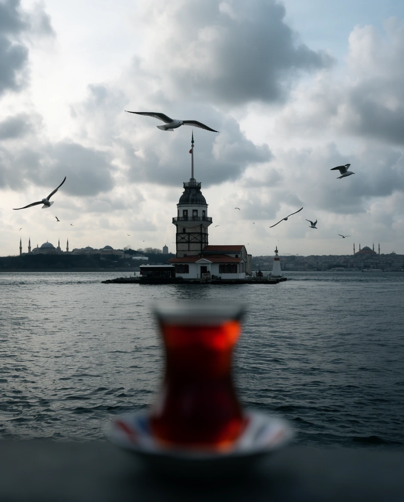 out-of-focus tulip-shaped glass of dark red tea in extreme foreground, dark rippling water, seagulls flying with outstretched wings, historic stone tower on a small islet with a domed roof and tall spire, distant city skyline featuring silhouettes of domed mosques and minarets, overcast sky with voluminous grey clouds, soft diffused daylight, cool moody atmosphere, foreground bokeh