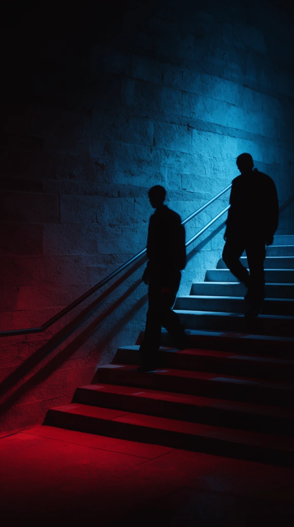 two silhouetted figures descending a concrete staircase, strong cyan blue light illuminating the upper steps, deep red light filling the lower landing, textured stone block wall, metal handrail casting diagonal shadows, dramatic dual-tone cinematic lighting, low angle perspective, deep shadows, high contrast atmosphere