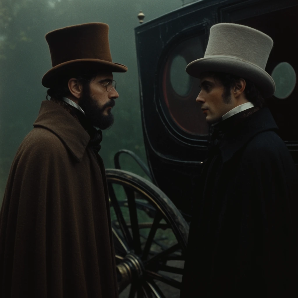 two men in 19th-century clothing facing each other, man on left with dark beard and wire-rimmed glasses wearing a brown top hat and brown cloak, man on right in a pale grey top hat and black cloak, standing beside a black carriage, visible spoked wheel and circular window, foggy dark green background, cinematic film still, gothic atmosphere, low-key lighting, muted colors, vintage 35mm aesthetic