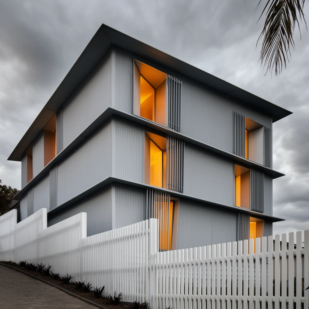A contemporary three-story building clad in pale grey corrugated metal stands behind a staggered white picket fence under a moody overcast sky. The geometric structure features overlapping horizontal tiers, a sharply sloped roof overhang, and deeply recessed angular windows emitting a vibrant amber glow from the interior. Vertical metal louvers flank several of the glowing window openings. The stark white slatted fence follows a downward-sloping paved driveway lined with small dark plants. Captured from a low-angle perspective, the architectural photography emphasizes the cool, stark volume of the modern residence against the heavily clouded grey background, contrasting sharply with the warm interior illumination. A single palm frond drops into the upper right corner of the frame.